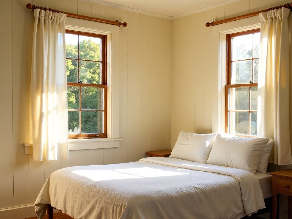 The Verandah Room — a made bed under tall windows, gauzy curtains lifting in the breeze
