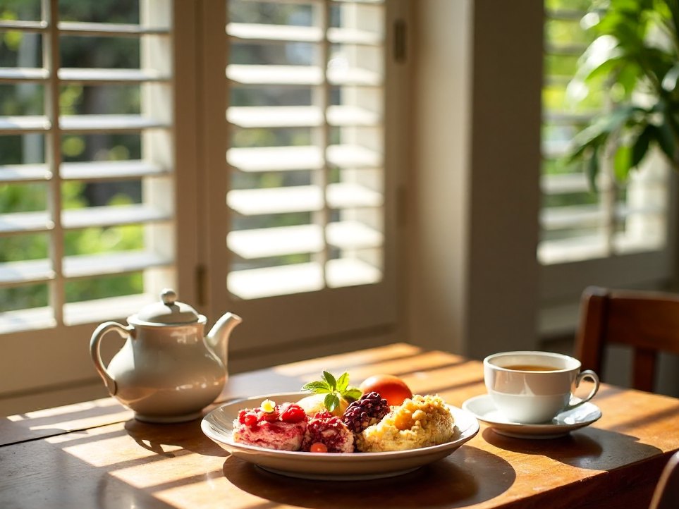 A cooked breakfast at a table beside tall louvred windows