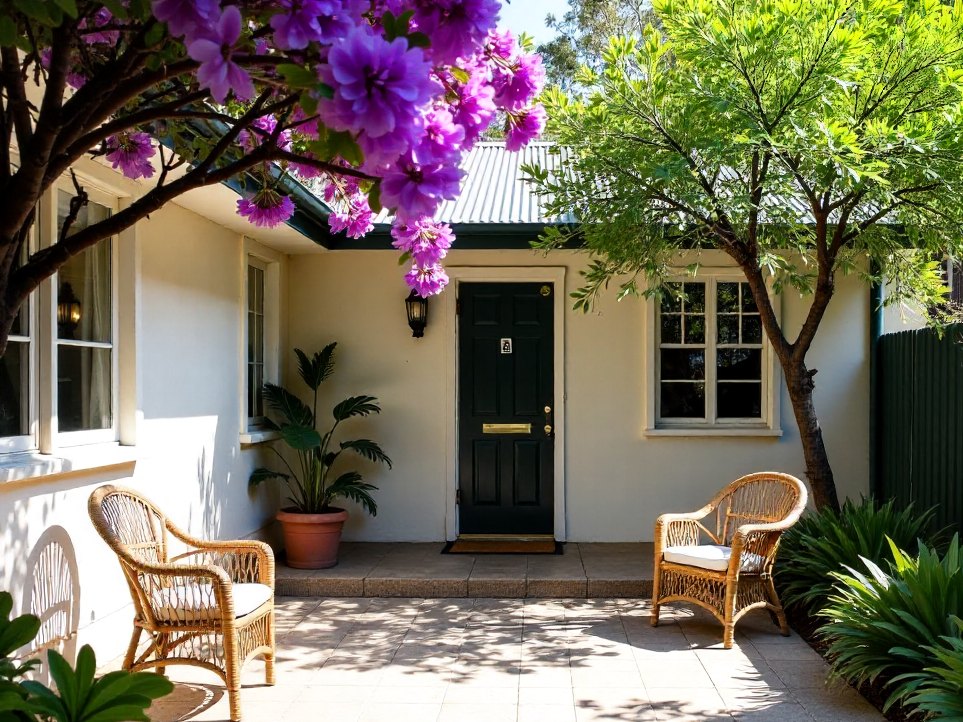 A whitewashed courtyard shaded by jacaranda trees in bloom