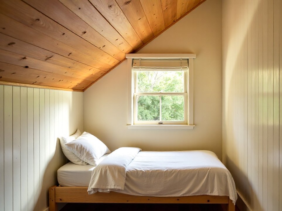 The Eaves — a single bed under a sloped ceiling with a louvred gable window
