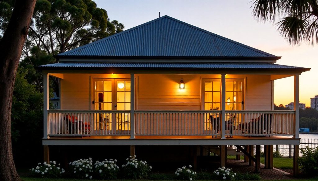 The Arbour House's verandahed Queenslander facade at dusk, the river glimpsed beyond the garden