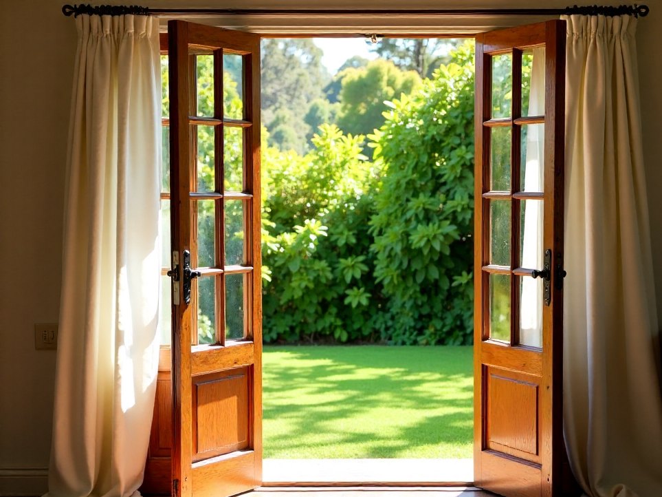 Ornate French doors standing open onto the garden, gauzy curtains lifting in the breeze
