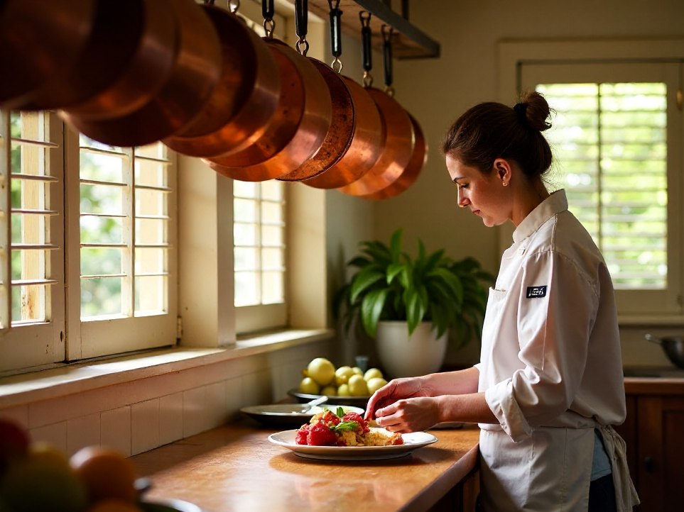 The kitchen mid-service, copper pans on the pass