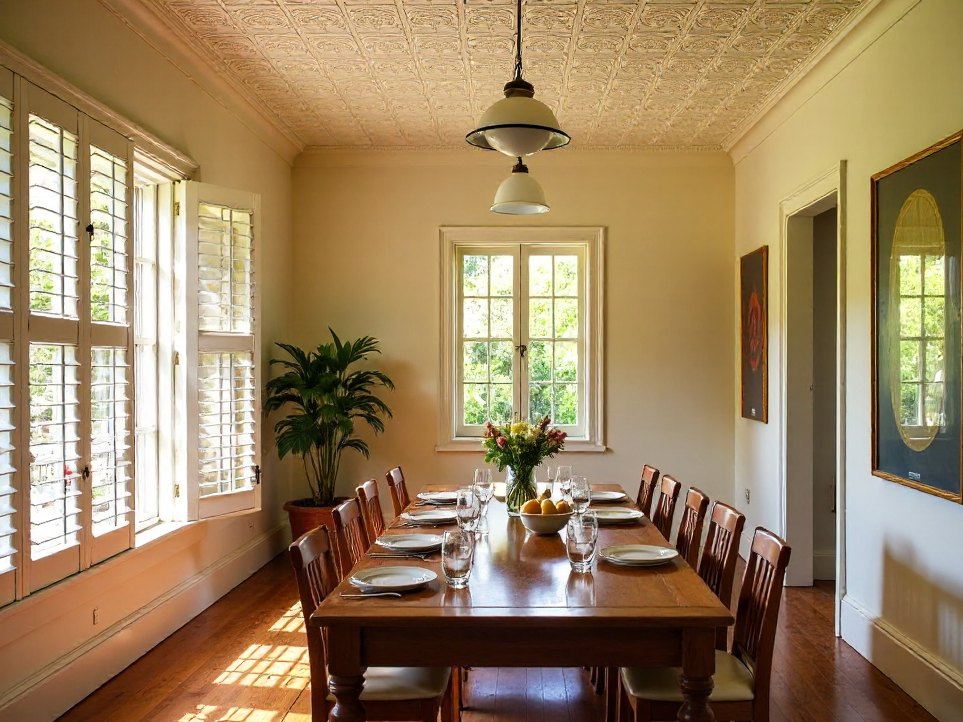 The Long Room table laid for breakfast, a pressed-metal ceiling overhead