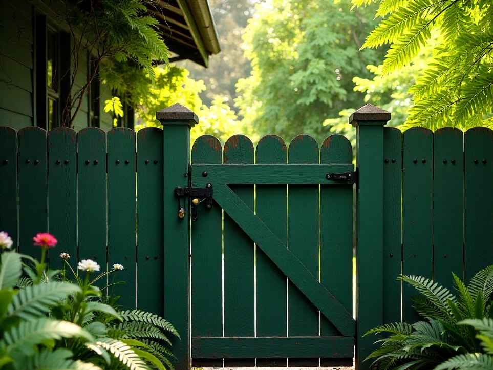 A weathered green timber gate at the side of The Arbour House