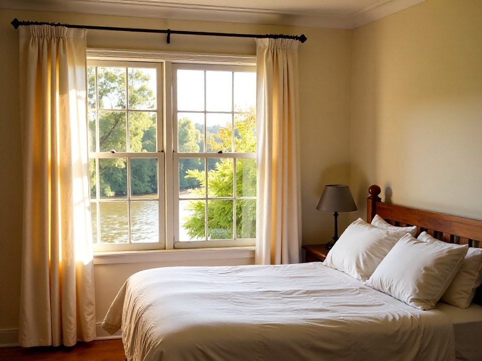 A river-facing room — bed, sash window, the Brisbane River beyond