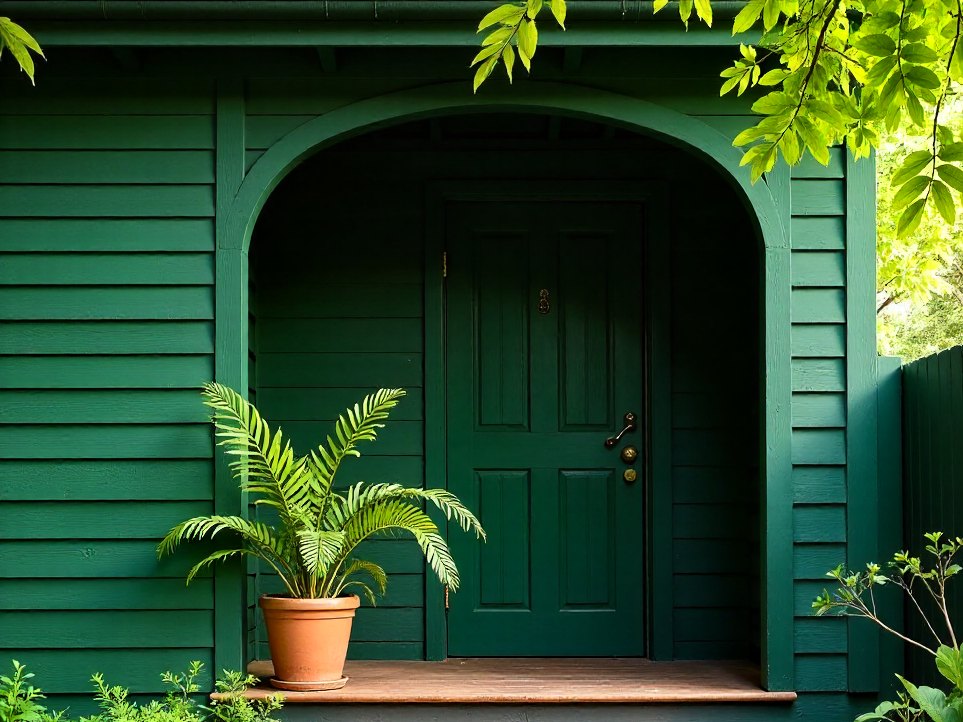 A green-painted arched side door to the house, a fern in a pot beside it