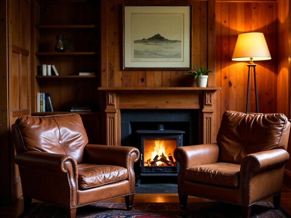 Two leather armchairs beside a lit fire in the Snug