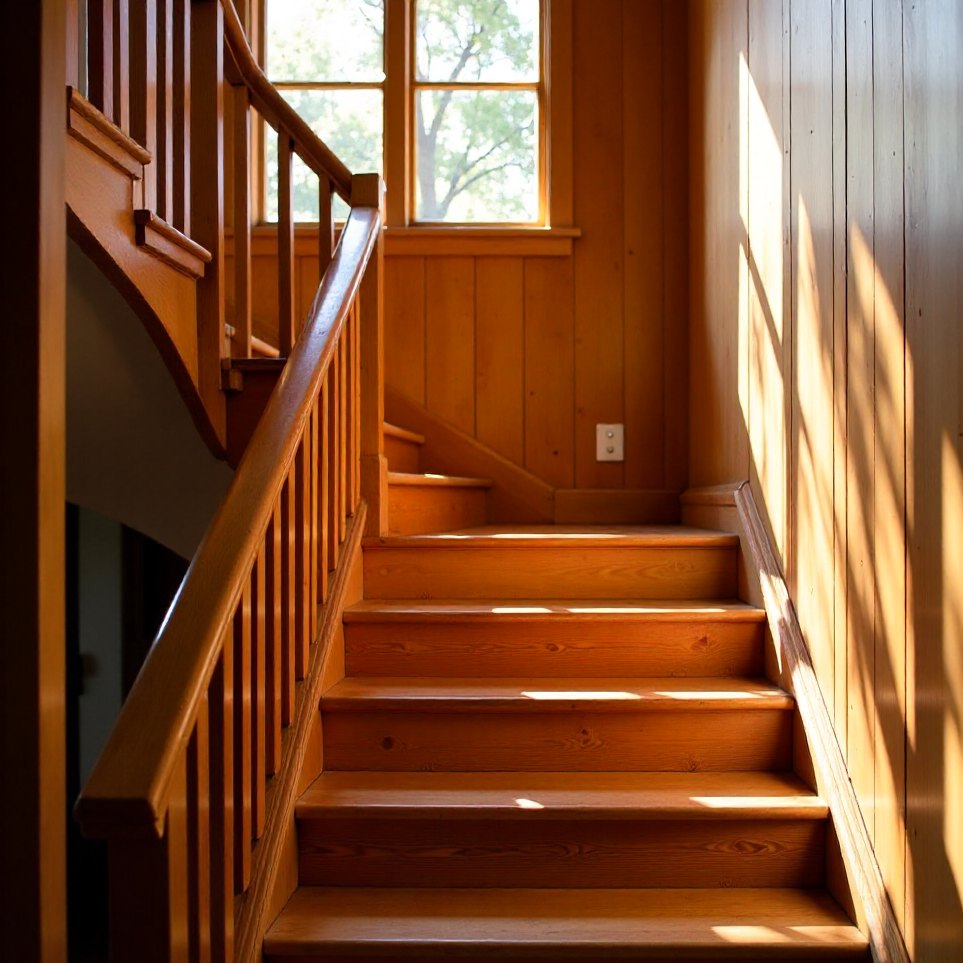 The staircase at The Arbour House, morning light from the landing window