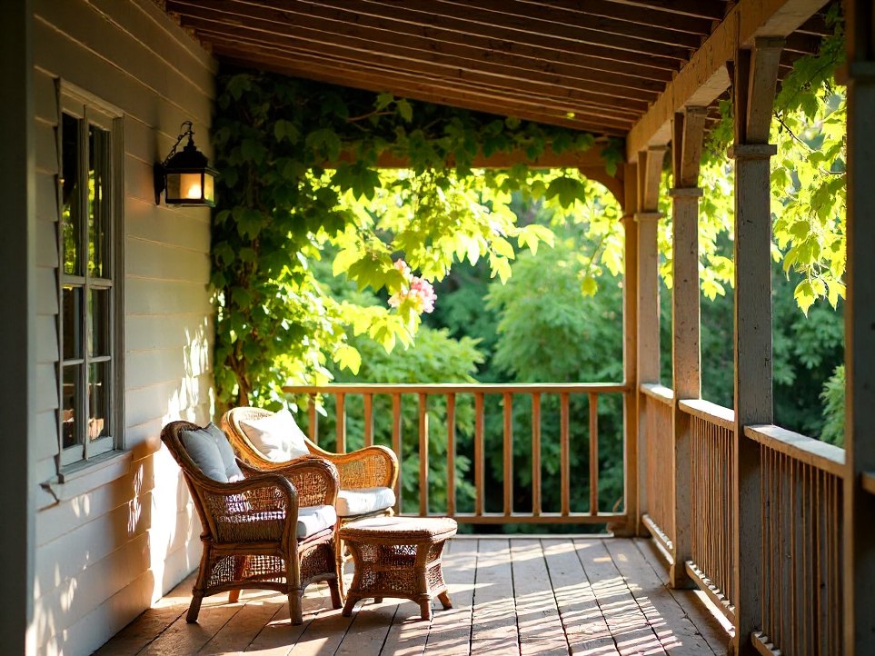 A shaded verandah terrace under a flowering vine