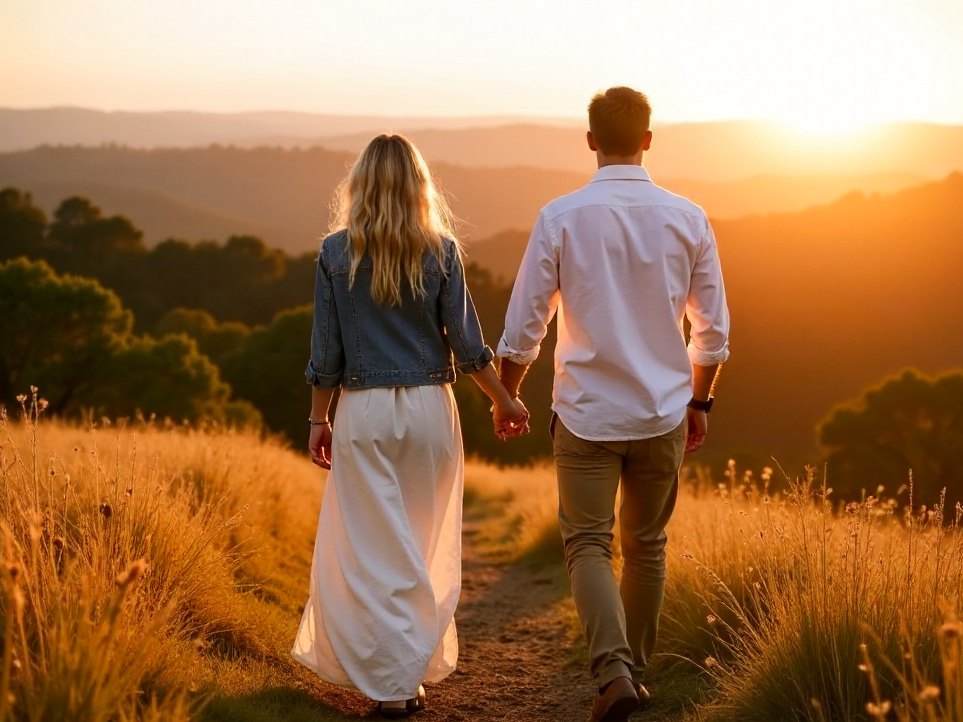 A couple walking together on a hinterland hill in soft light