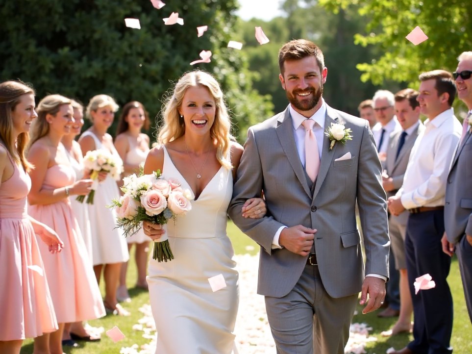 A couple walking through a shower of confetti