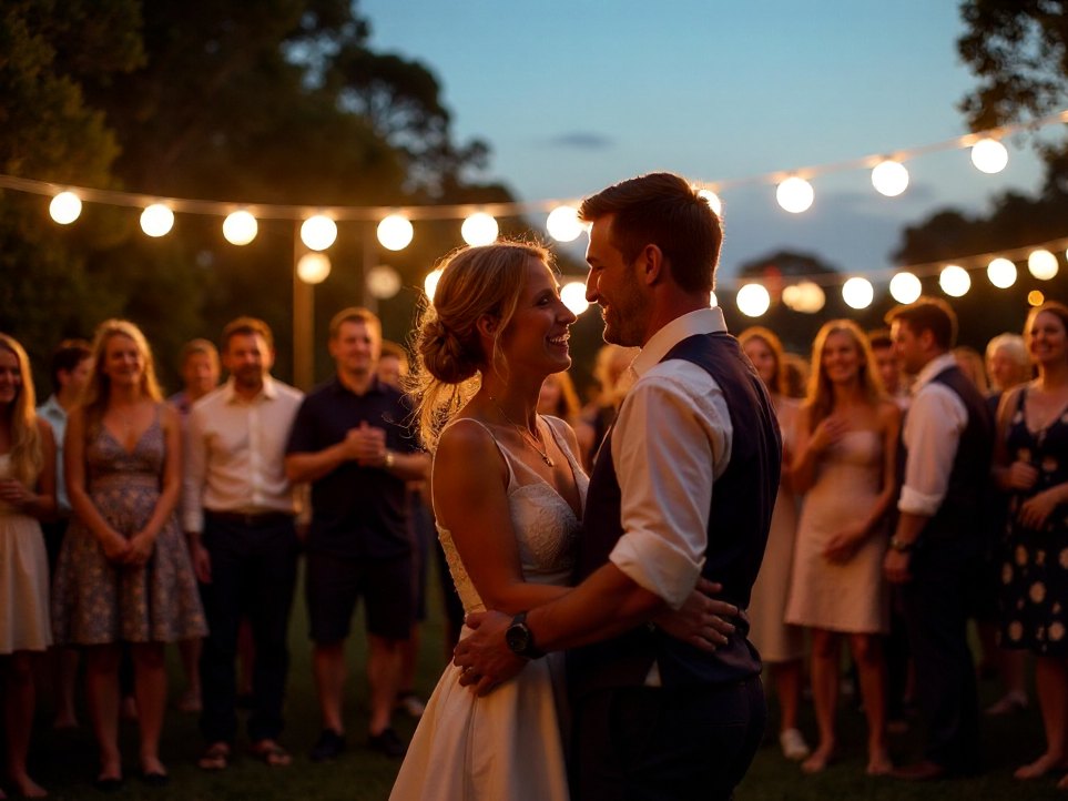A couple dancing under string lights, available light only