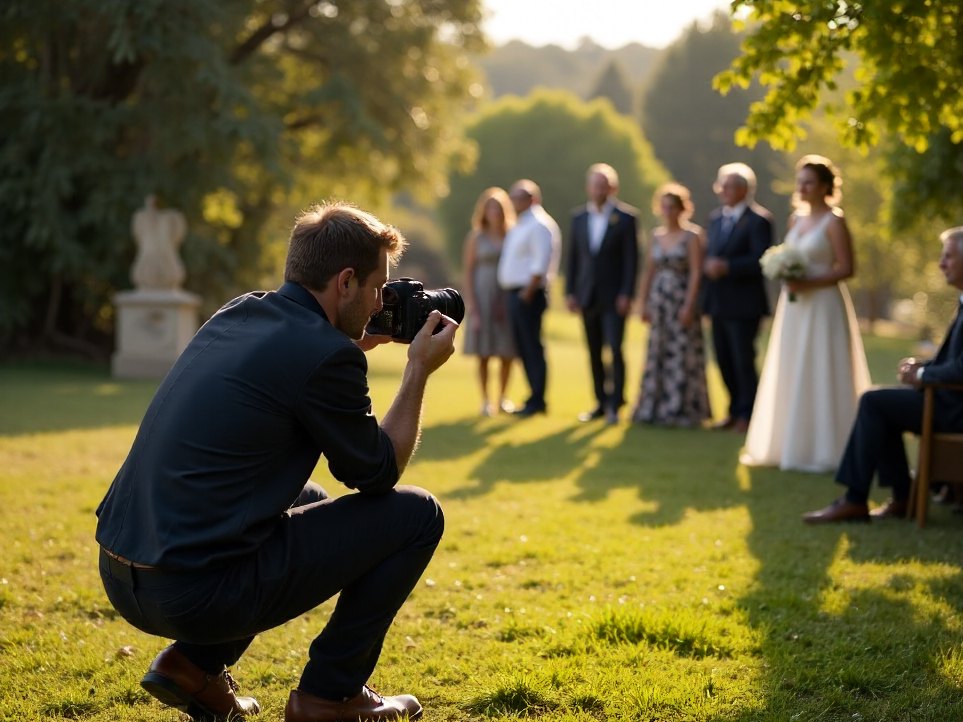 A photographer working unobtrusively at the edge of a wedding gathering