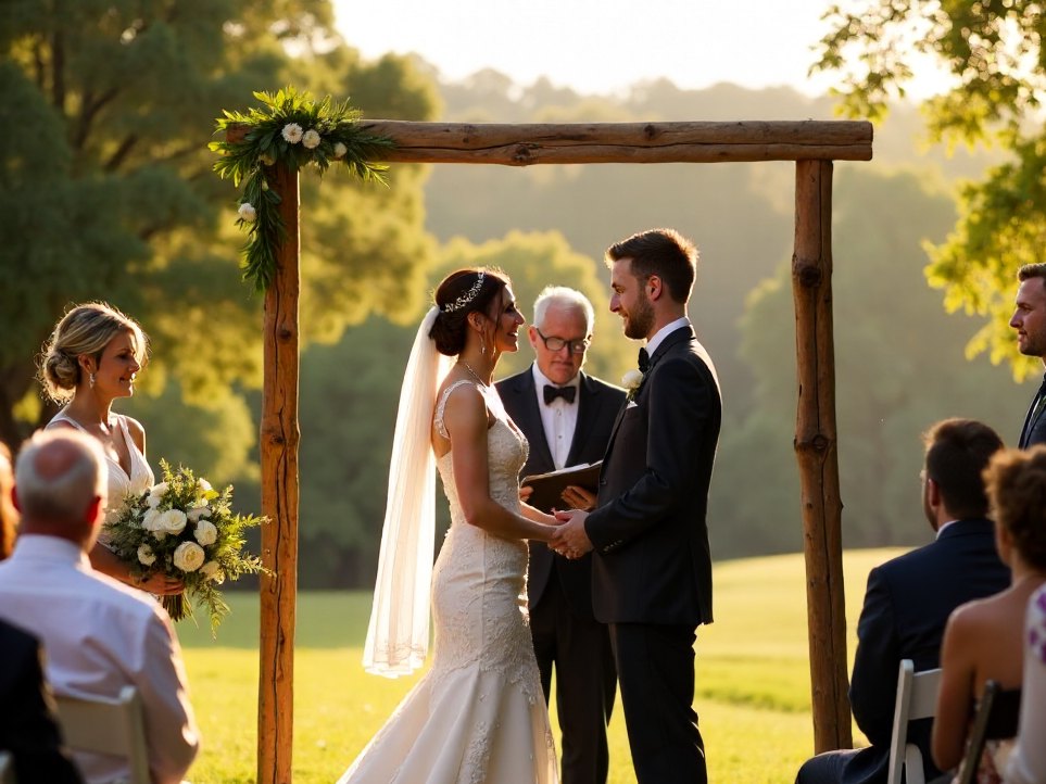 A couple exchanging vows outdoors under a timber arch