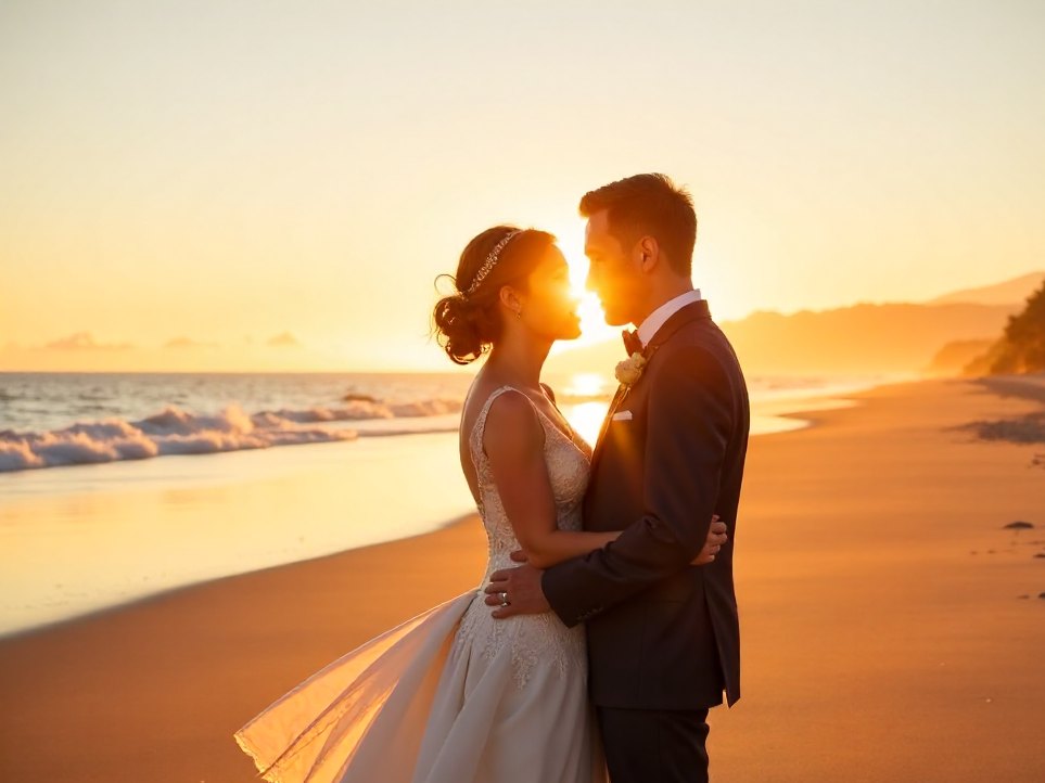 A couple portrait on a beach at golden hour