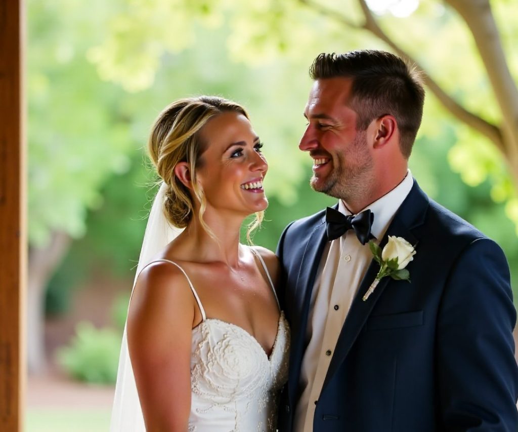 A couple laughing together in natural light on their wedding day