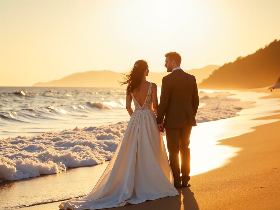 A wedding party on a Stradbroke Island beach at golden hour