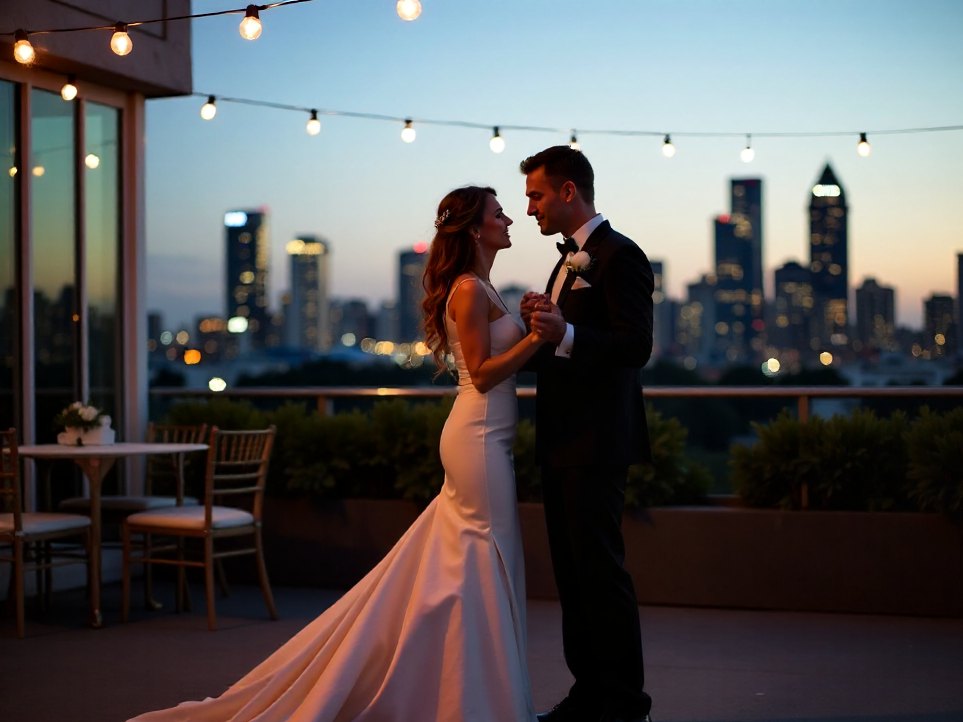 A couple on a city rooftop wedding at dusk