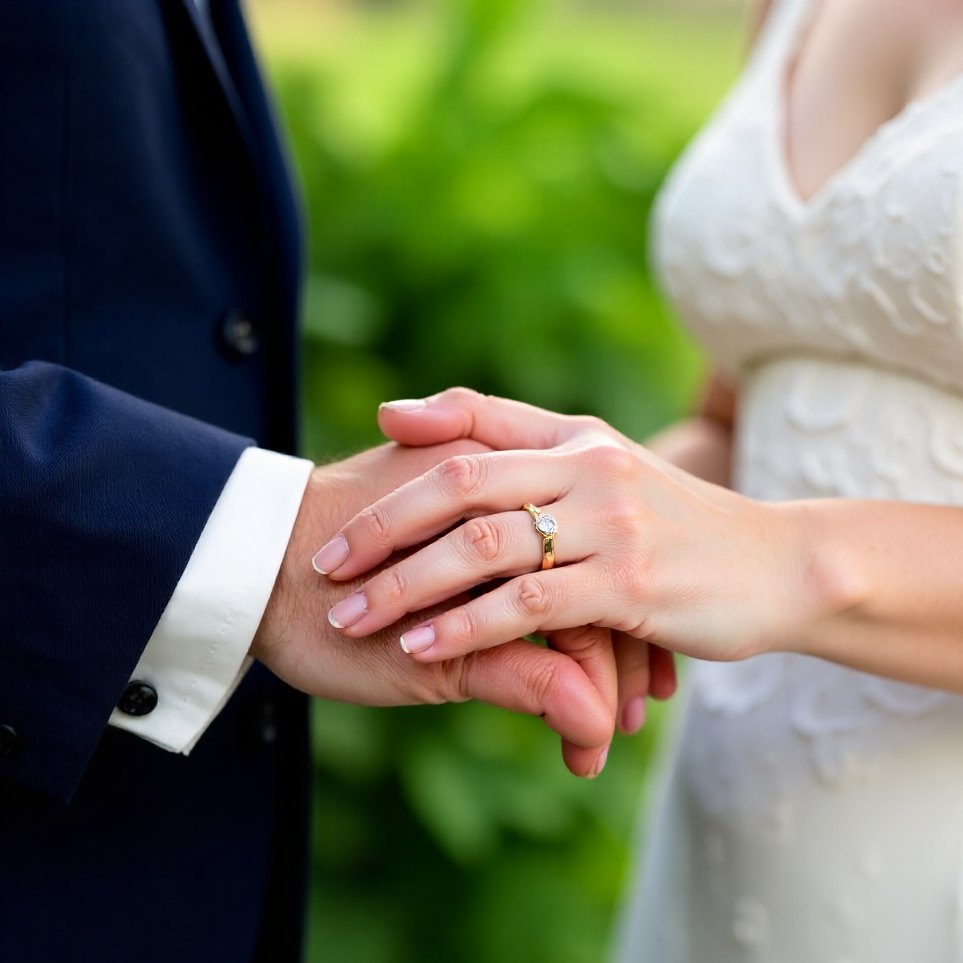 Two hands with wedding rings resting together