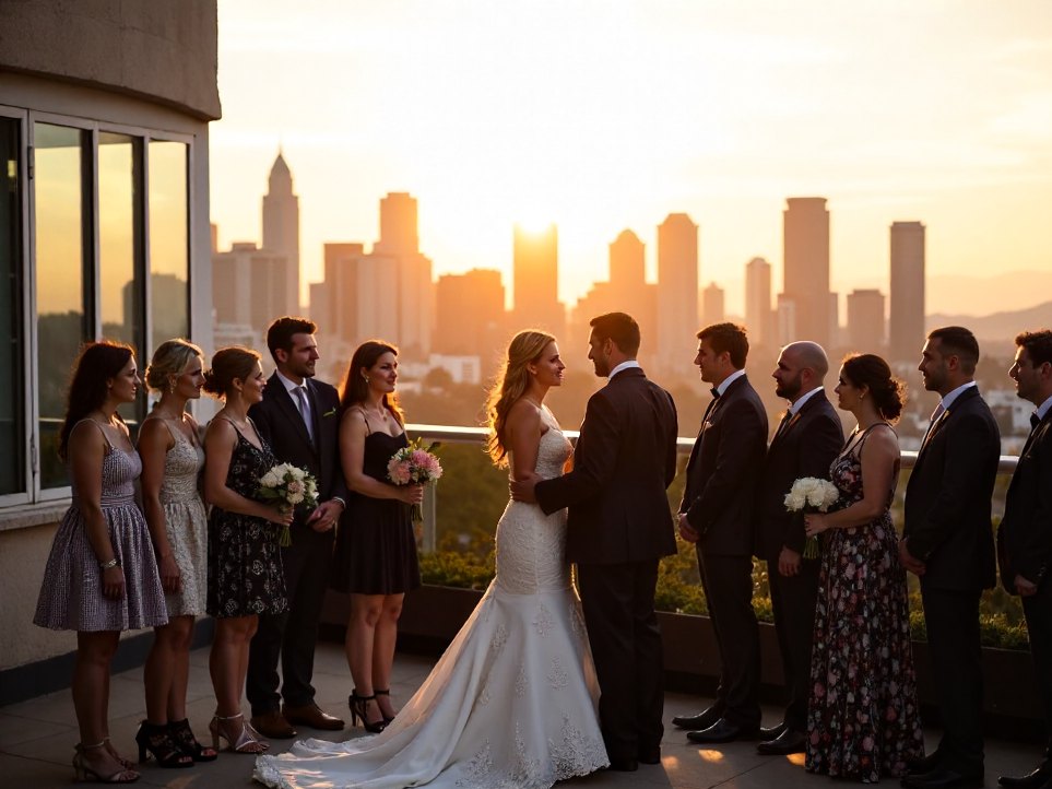 A small intimate wedding gathering on a city rooftop