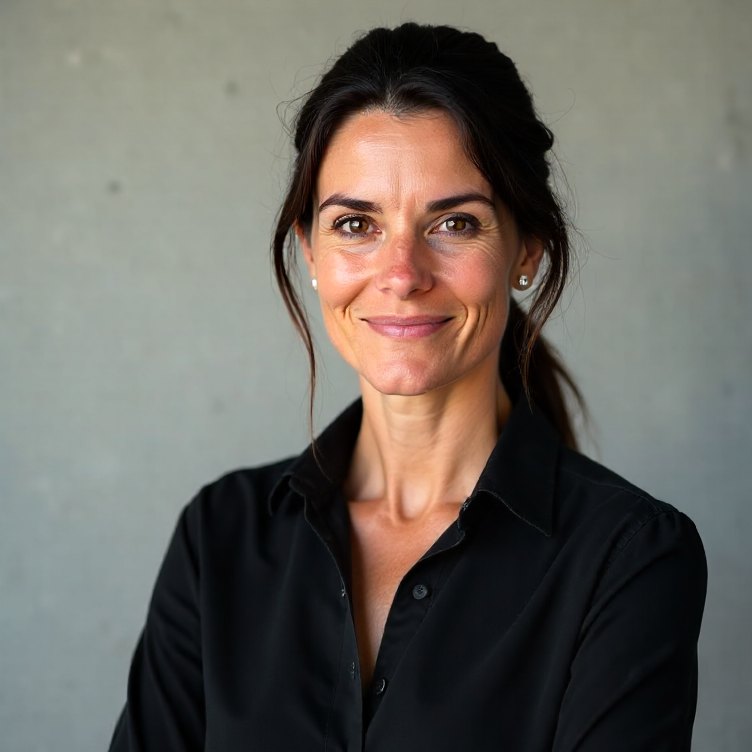 Portrait of a woman in her forties, dark hair in a low knot, against a plain studio wall