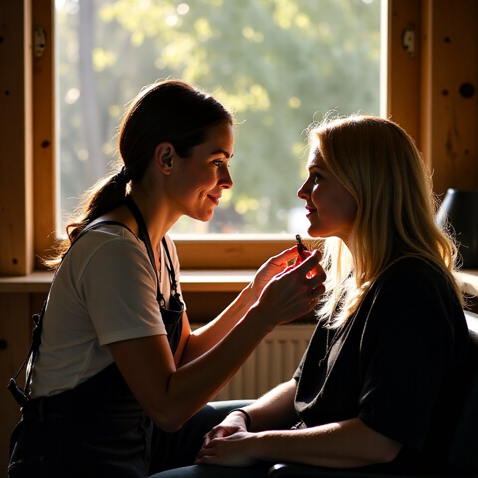 A colourist holding a client's hair up to the light during a consultation