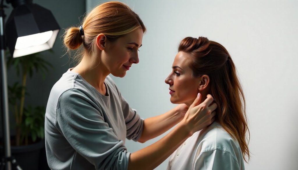A colourist adjusting a model's hair on a photography set