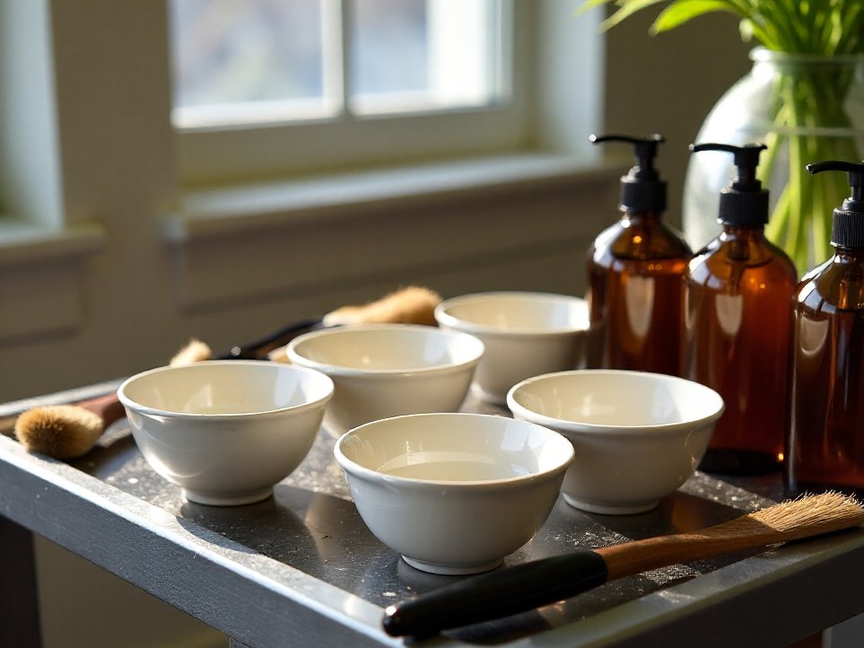 Colour bowls and brushes laid out in a sunlit colour room