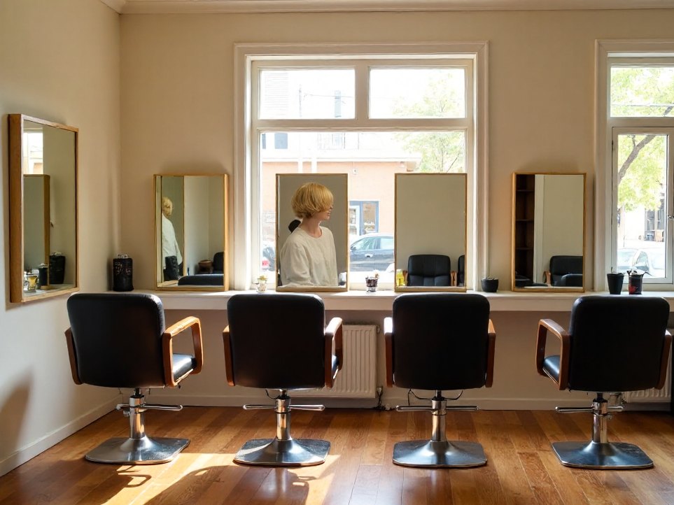 Four styling chairs in a quiet first-floor cutting room