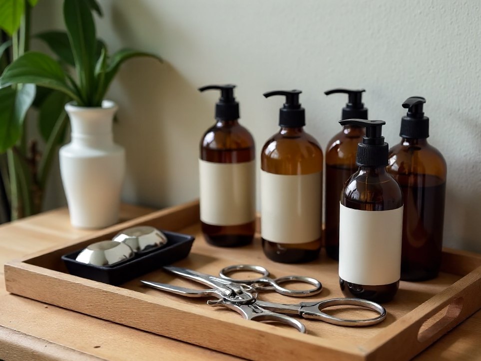 A stylist's kit laid out on a timber tray in the back room