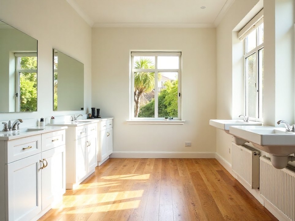 A bright colour room with basins under tall windows on two sides