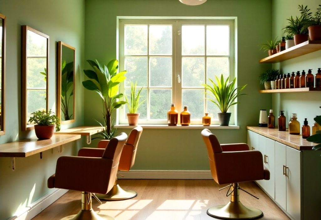 The colour bar at Botanic Balm, sage-green walls and open shelving