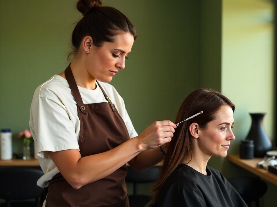 A colourist sectioning a client's hair with foil for a root colour