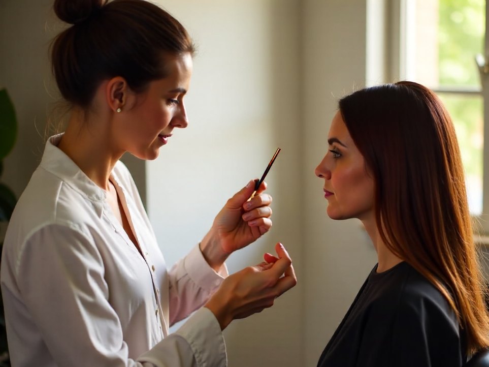 A colourist showing a client a strand test in natural light
