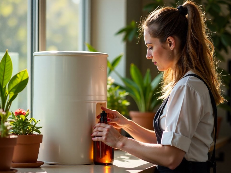 A colourist refilling a client's bottle from the drum dispenser