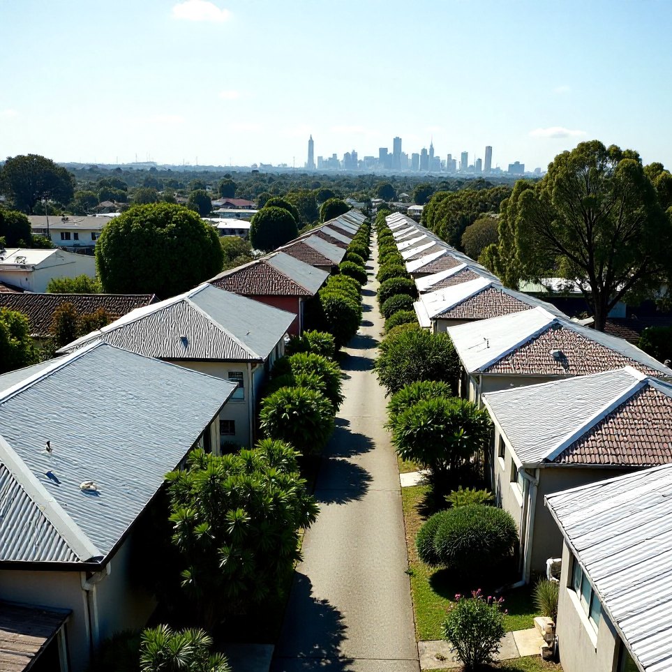 High view over the tin roofs of Brisbane's northside suburbs among jacarandas