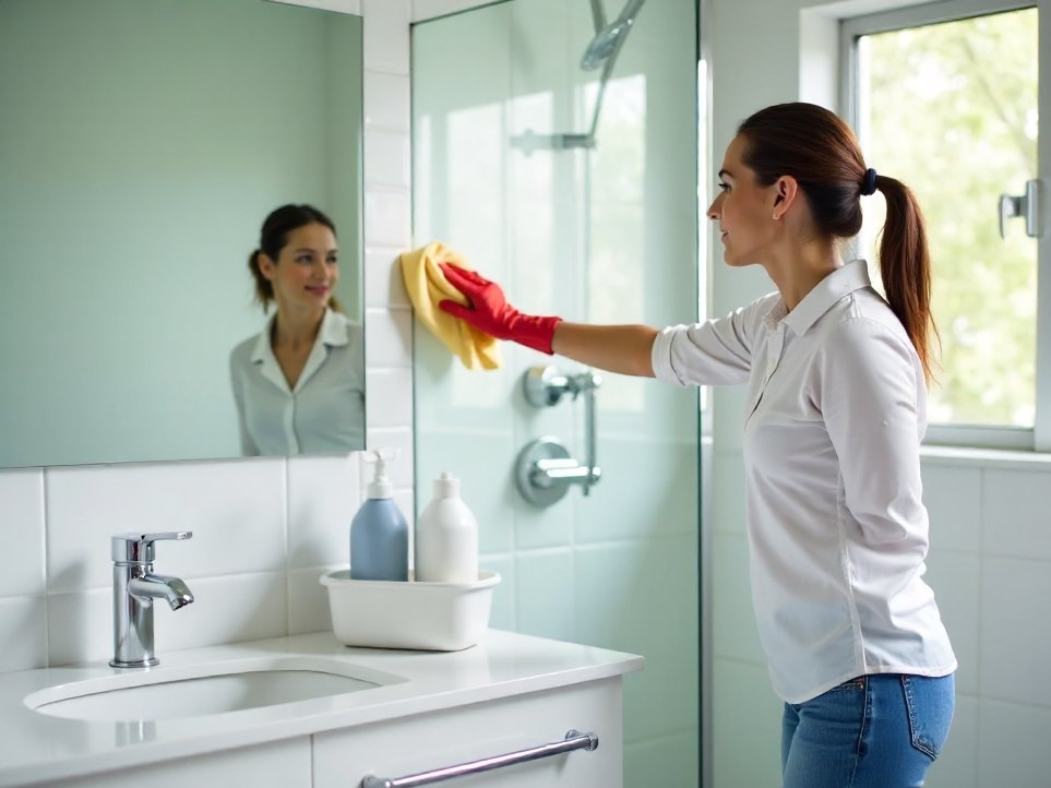 A cleaner polishing a glass shower screen in a white-tiled bathroom