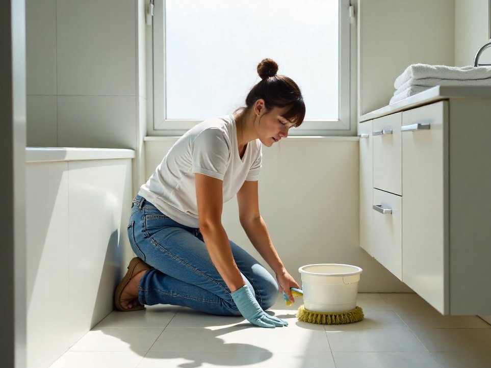 A cleaner scrubbing bathroom floor tiles in an empty rental unit