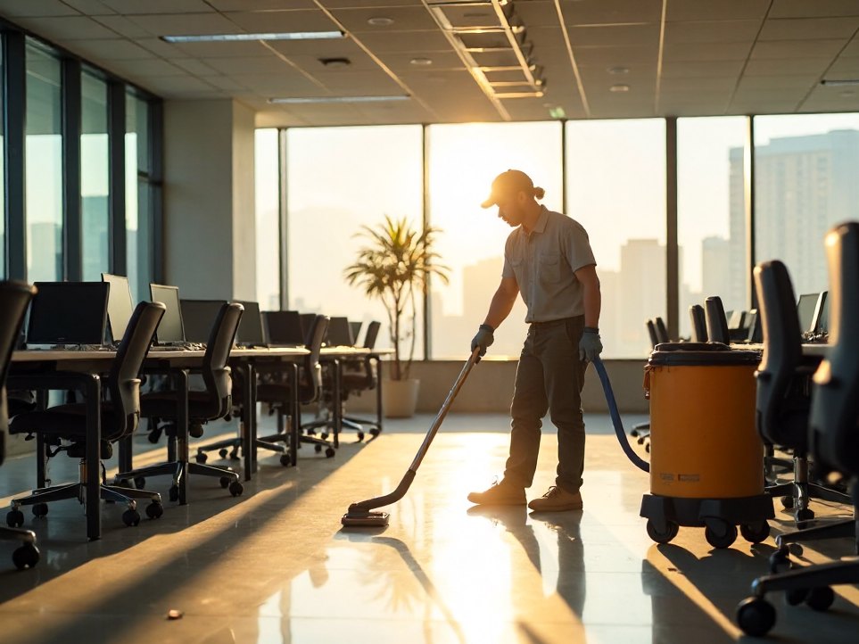 A cleaner vacuuming an open-plan office floor early in the morning