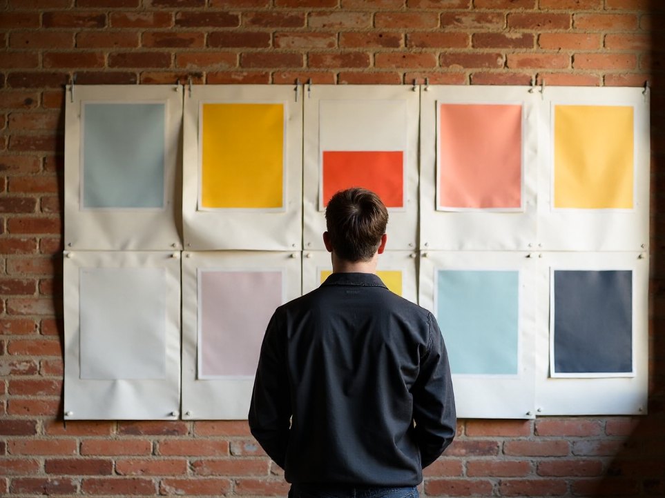 A wall of bold colour-blocked campaign layouts, someone standing back to look at them