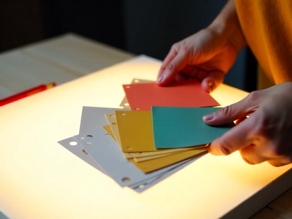 Colour swatches laid out on a studio light box
