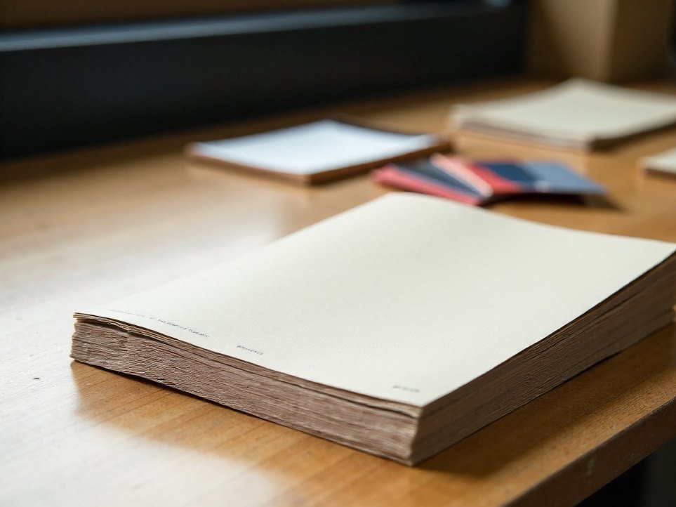 A stack of brand guideline booklets with plain kraft covers on a studio desk