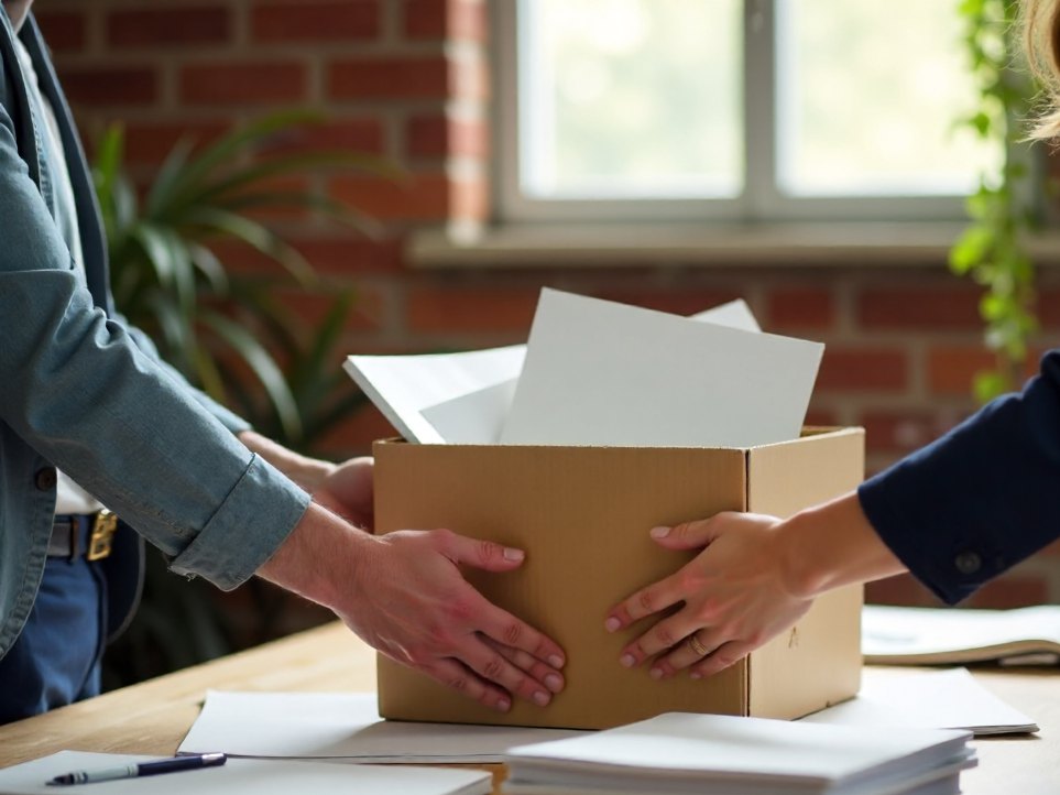 A box of finished project files and printed samples being handed across a desk