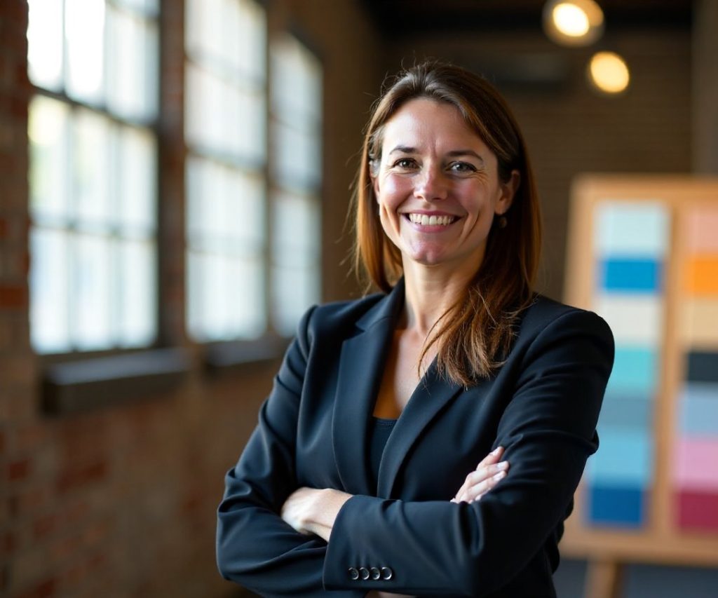 A strategist in a tailored jacket standing in a converted warehouse studio