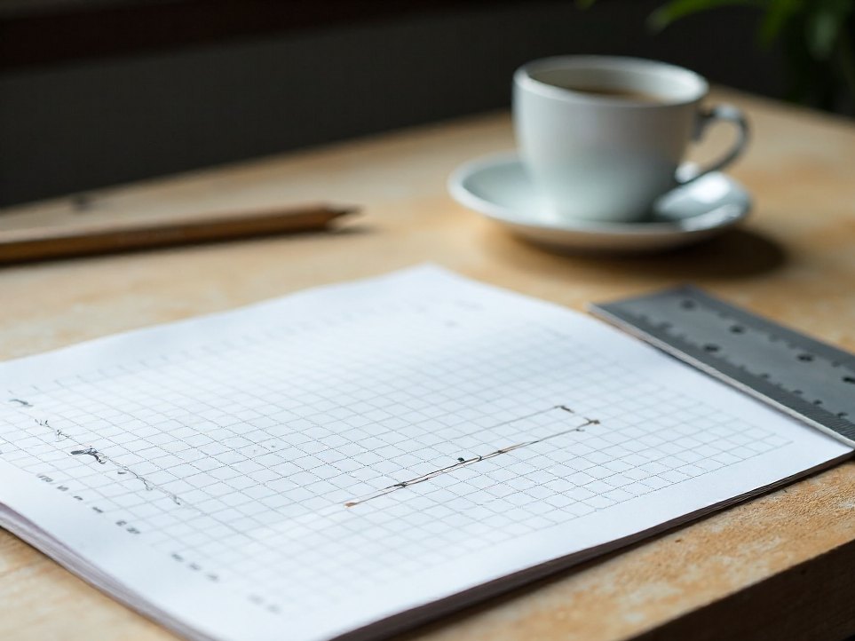 A hand-drawn line graph on grid paper beside an open notebook