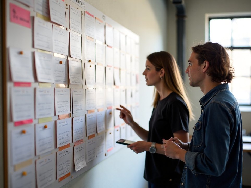 Two people talking beside a studio board of work pinned in columns