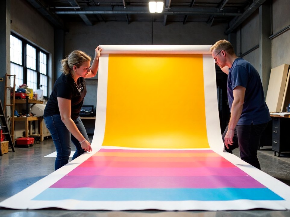 A large printed banner being checked under bright studio lights