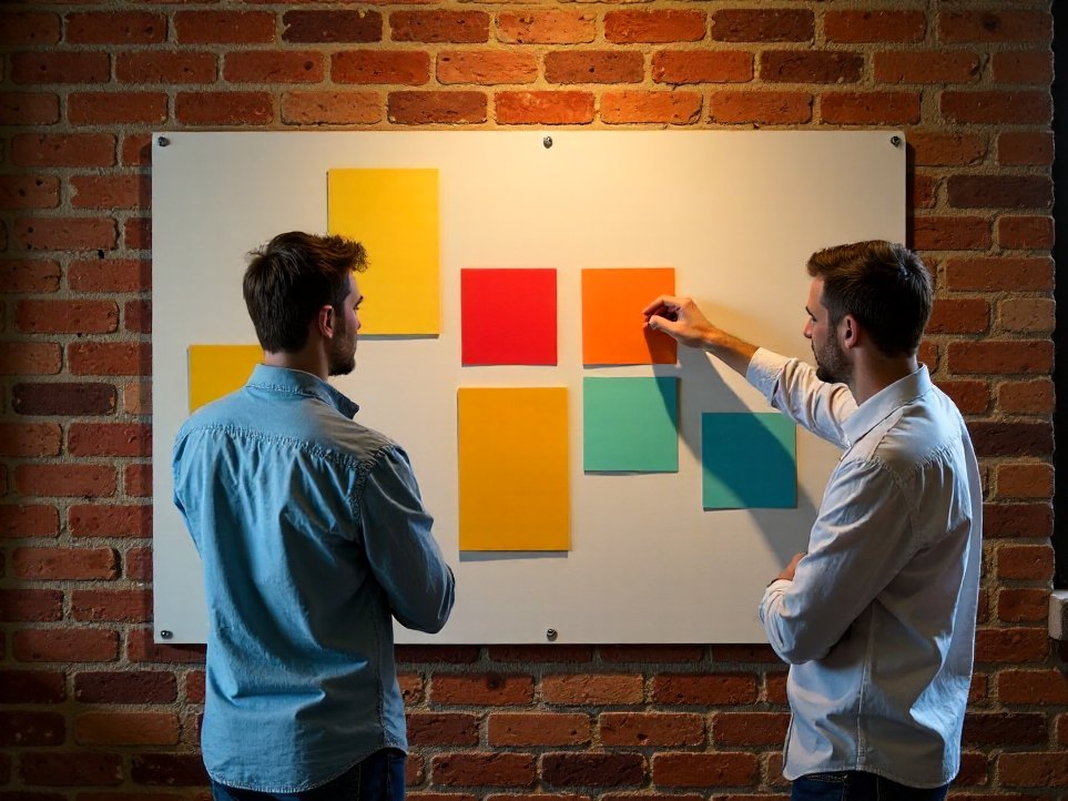 Two strategists arranging coloured cards on a studio wall