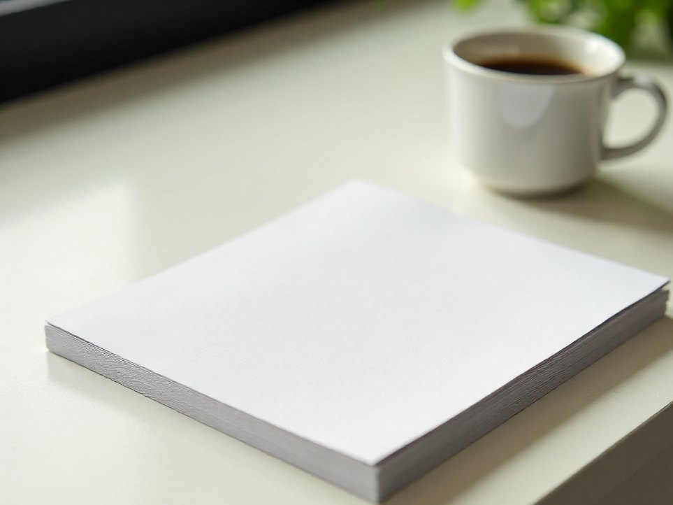 A stack of freshly printed letterheads and business cards on a pale desk